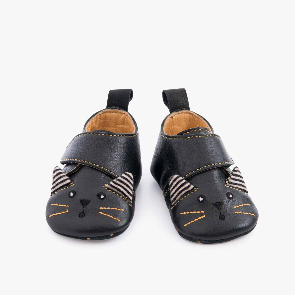 Chaussons cuir chat noir Les moustaches 0-6 mois Moulin Roty