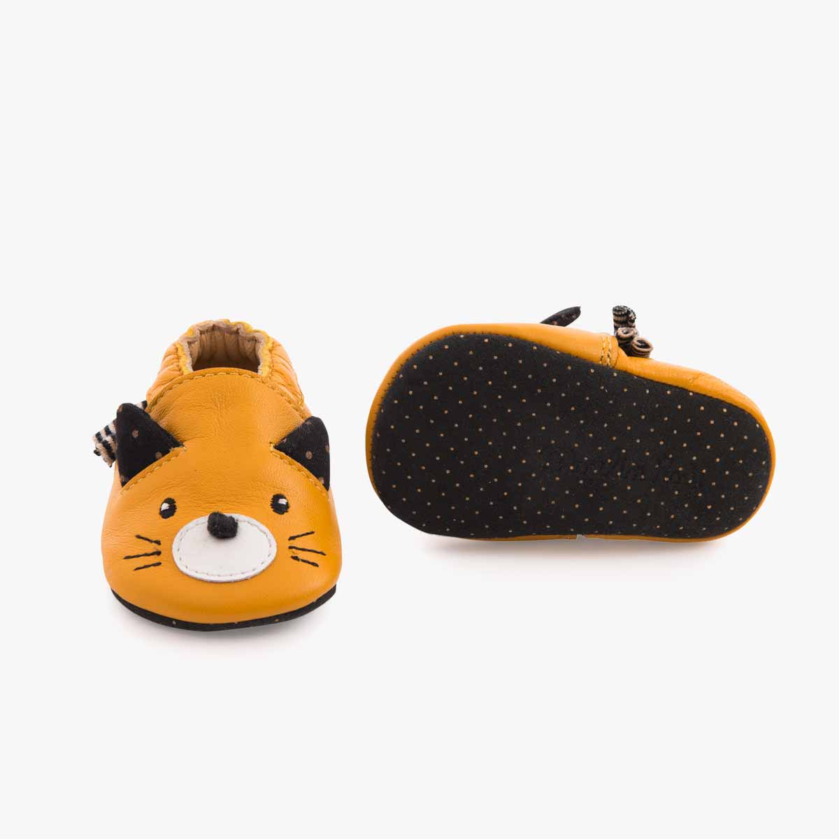 Chaussons cuir chat moutarde 0-6 mois