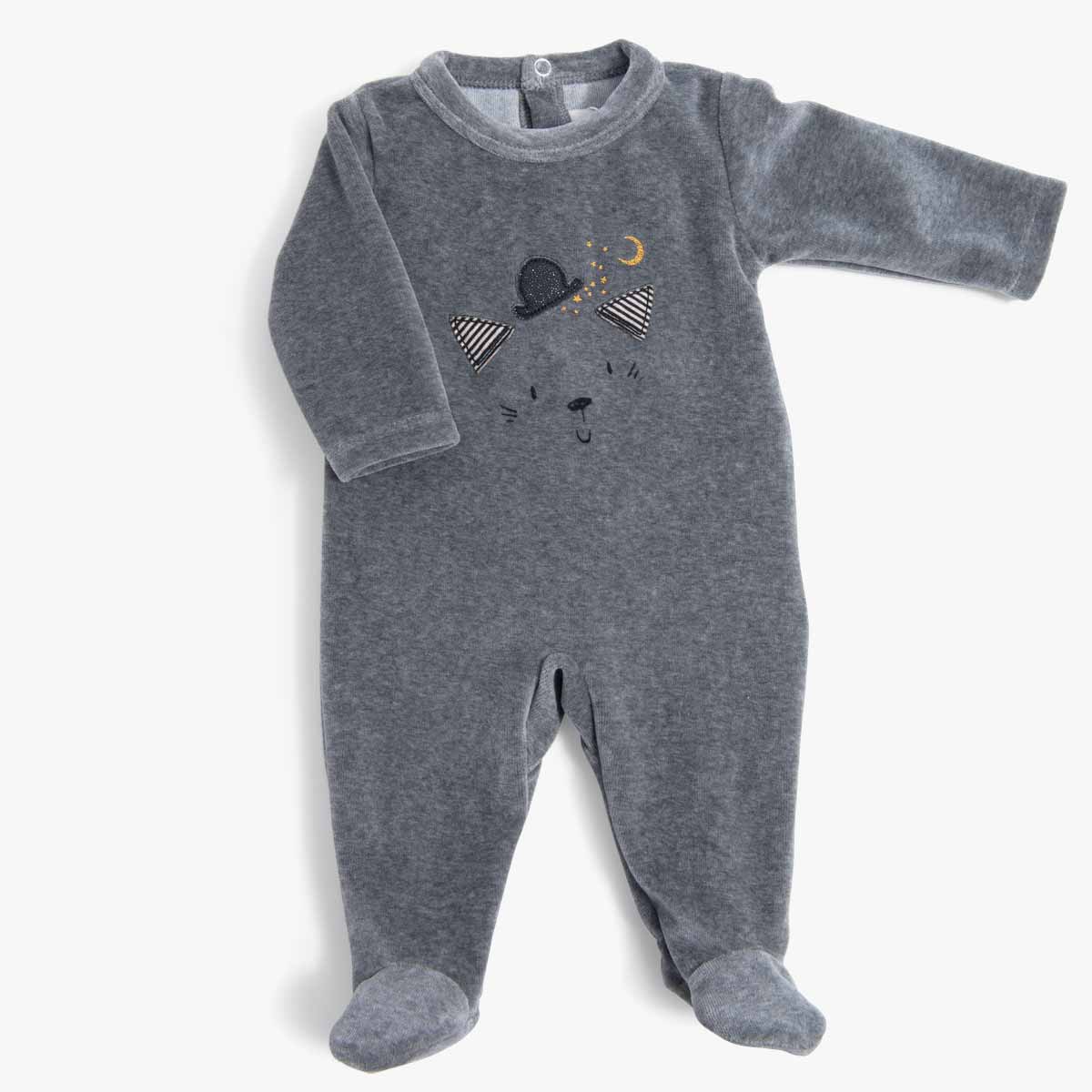 Pyjama velours gris chine tete chat Les Moustaches Moulin Roty