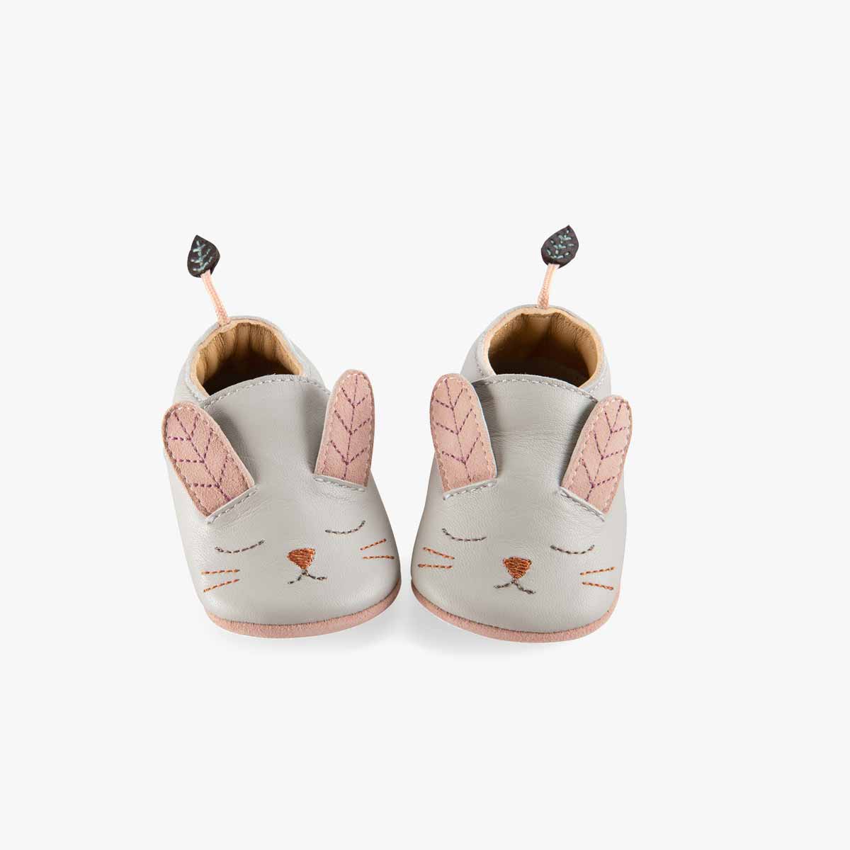 Chaussons cuir Lapin gris Après la pluie Moulin Roty