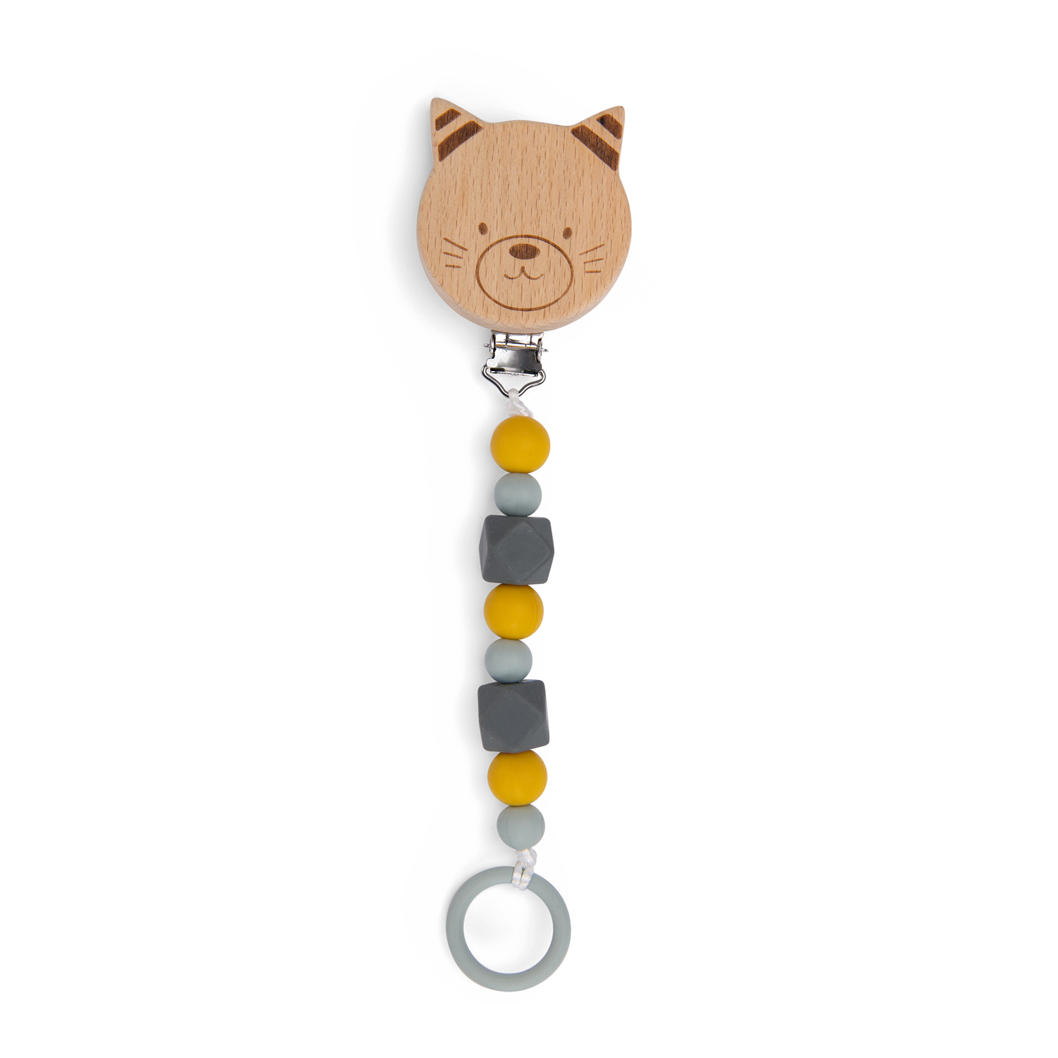Attachetetine bois et silicone Chat Les Moustaches Moulin Roty
