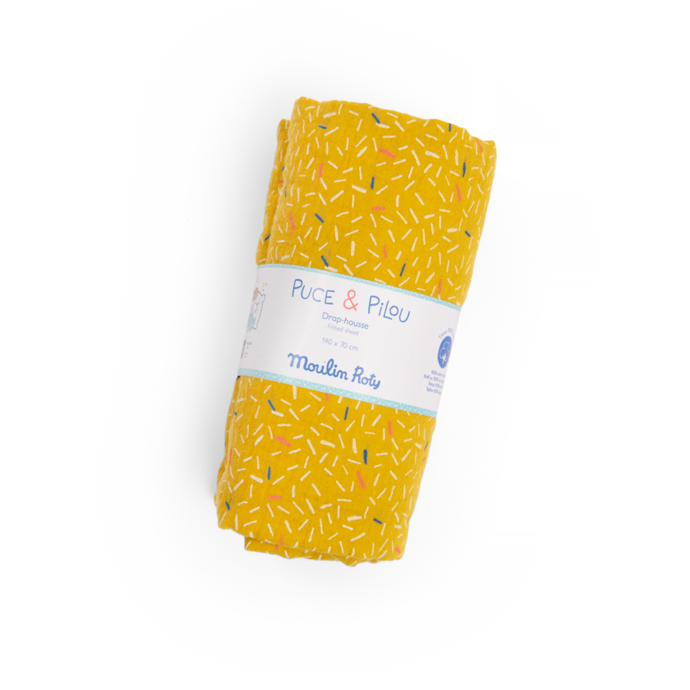 Drap housse jaune lit bebe 70 x 140 cm Puce  Pilou Moulin Roty