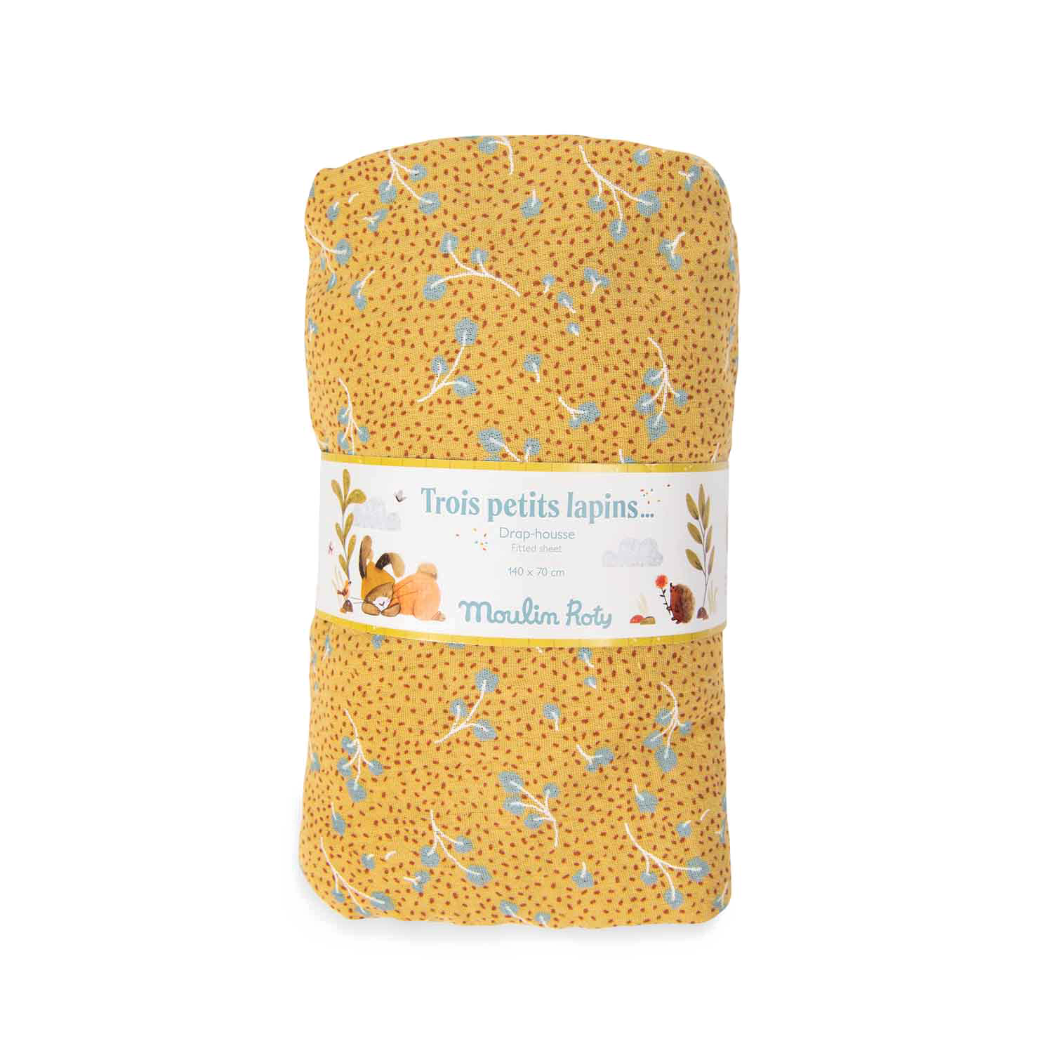 Drap housse ocre lit bebe 70 x 140 cm Trois petits lapins Moulin Roty