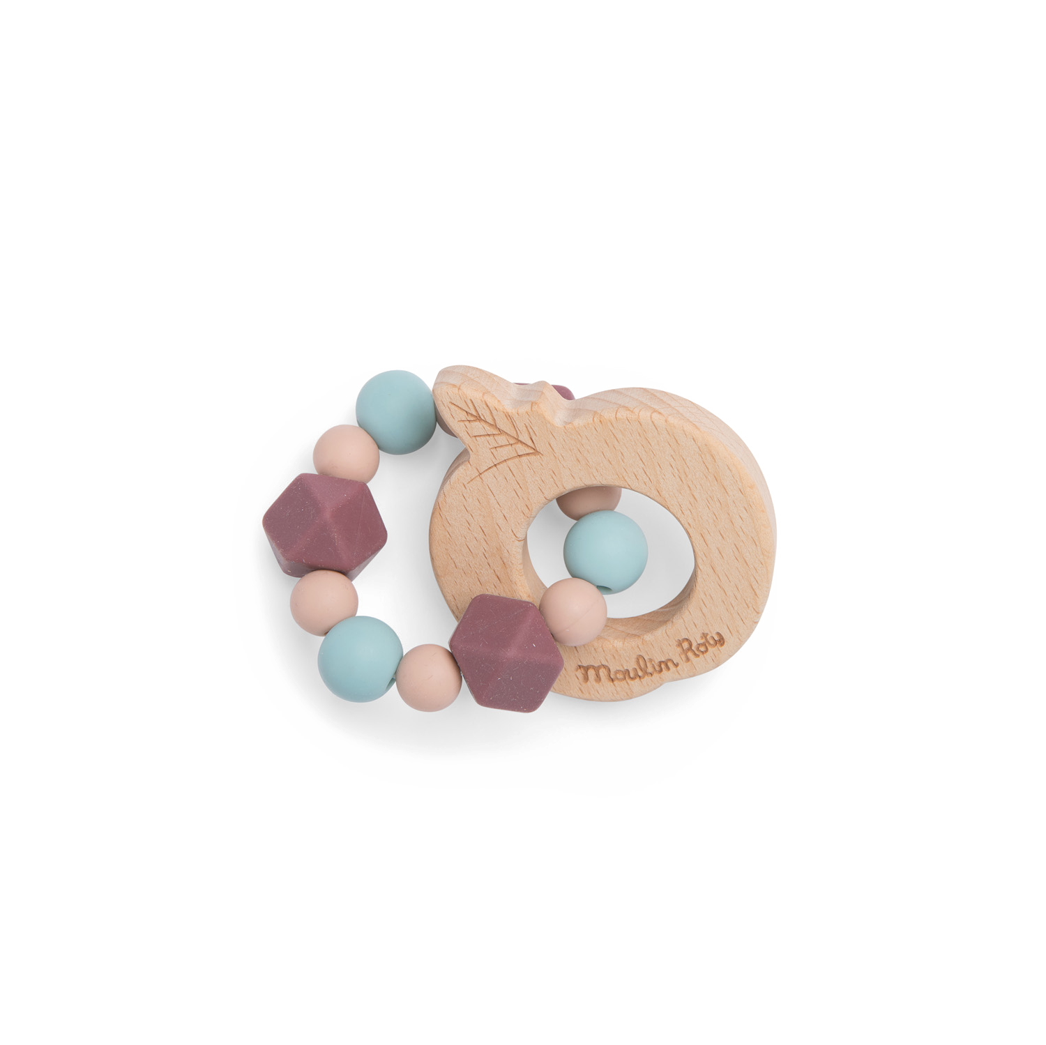 Hochet anneau de dentition bois et silicone Pomme Apres la pluie Moulin Roty