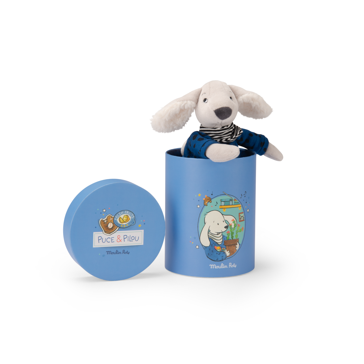 Peluche Chien Pilou bleu  sa boite Puce  Pilou Moulin Roty