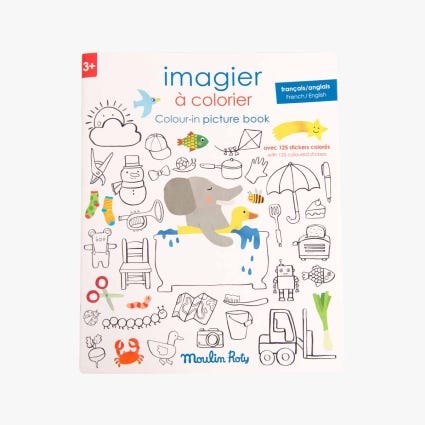Imagier a colorier avec stickers Les Popipop Moulin Roty