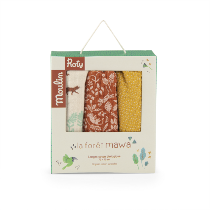 Set de 3 langes imprimes felinsconfettisfeuillage La foret Mawa Moulin Roty